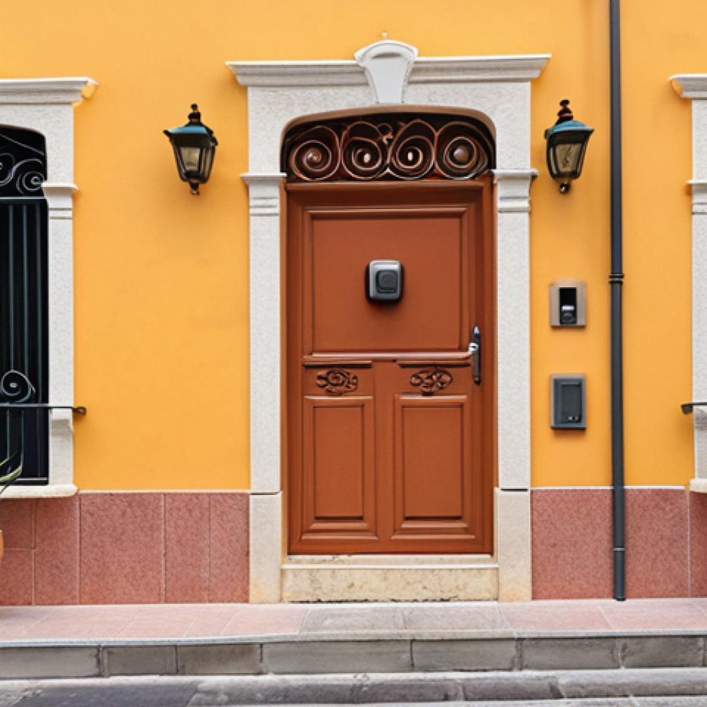 **

"A modern, minimalist wireless doorbell on a brightly colored Spanish house facade. The doorbell is sleek and stylish, blending seamlessly with the architecture. The background shows a typical Spanish street scene with potted plants and wrought iron balconies. Emphasize ease of installation and a welcoming atmosphere."

**