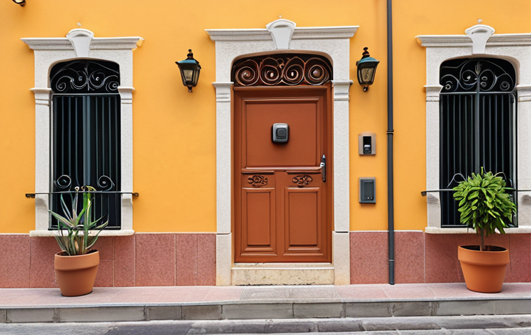 **
"A modern, minimalist wireless doorbell on a brightly colored Spanish house facade. The doorbell is sleek and stylish, blending seamlessly with the architecture. The background shows a typical Spanish street scene with potted plants and wrought iron balconies. Emphasize ease of installation and a welcoming atmosphere."
**